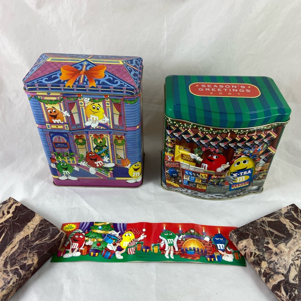 M&M’s Brand Christmas Village Series 2001 Number 12 & 1995 Brand Town & Sticker